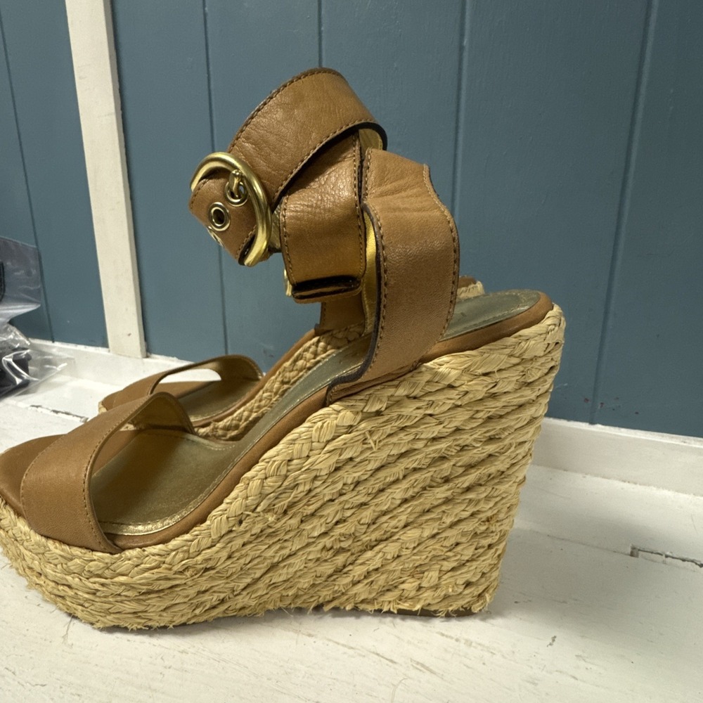 Coach Women's Size 8.5 Tan Leather Espadrille Straw Wedge Platform - Picture 3 of 11